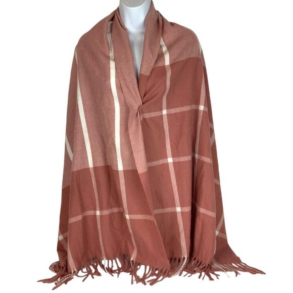 Cashmere Pink & White Plaid Pashmina Scarf With Fringe Soft Warm Winter Wrap - Picture 2 of 3